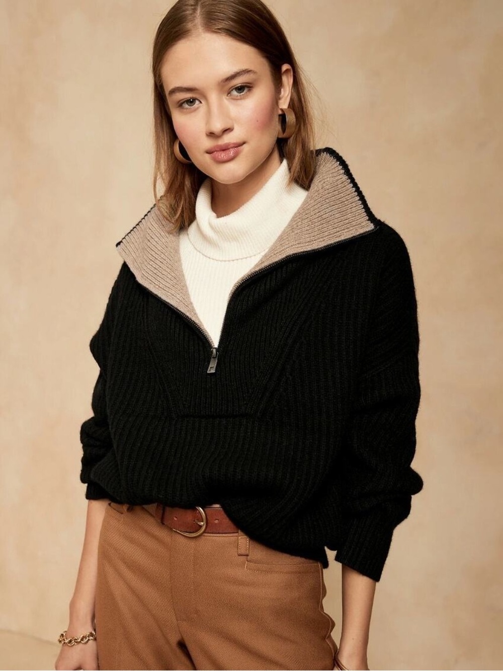 Banana Republic Black Ribbed Half-Zip Sweater with Cream and Tan Contrast Collar